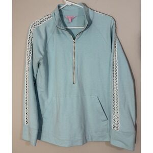 Lilly‎ Pulitzer Top Women's M Skipper Popover Lace Sleeve Blue Preppy Nautical